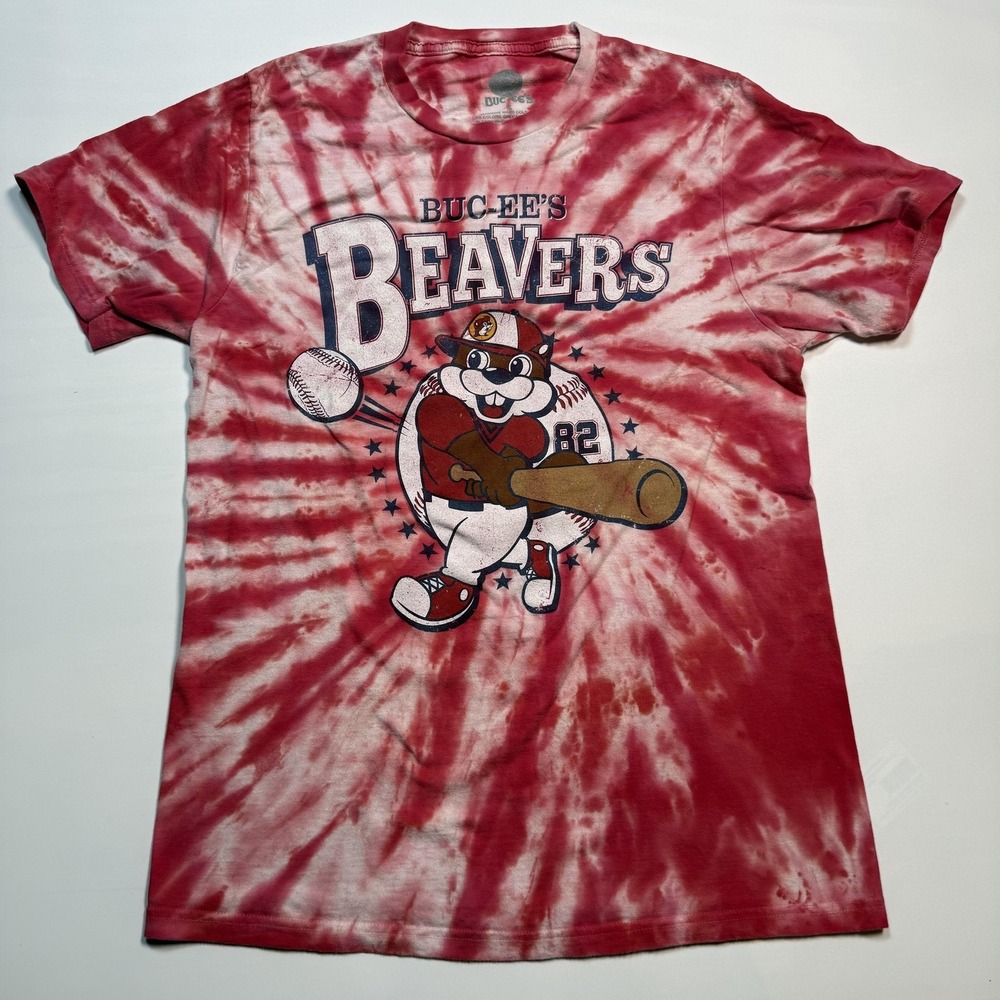Buc-ee's Shirt Mens Small Red Tie Dye Beavers‎ Baseball Graphic Tee Mascot